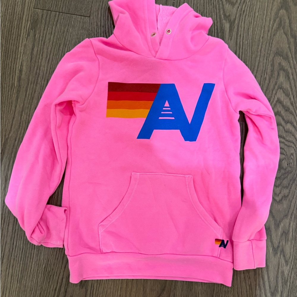 Aviator Nation Pink Hoodie with Rainbow Graphic